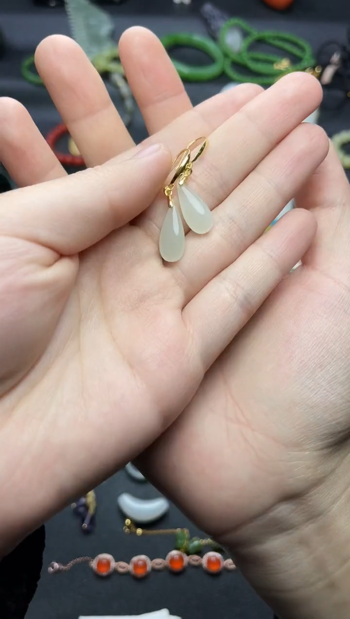 银S925镶嵌和田玉耳饰水滴耳钩06