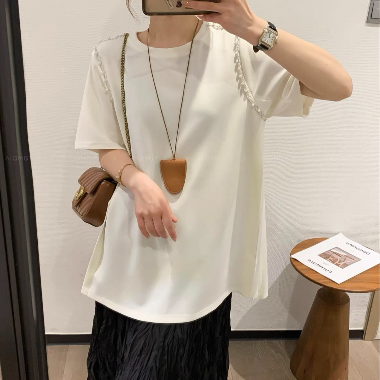 【青苍价】CCC11417欧洲站名媛风百褶拼接设计感短袖上衣大码女装