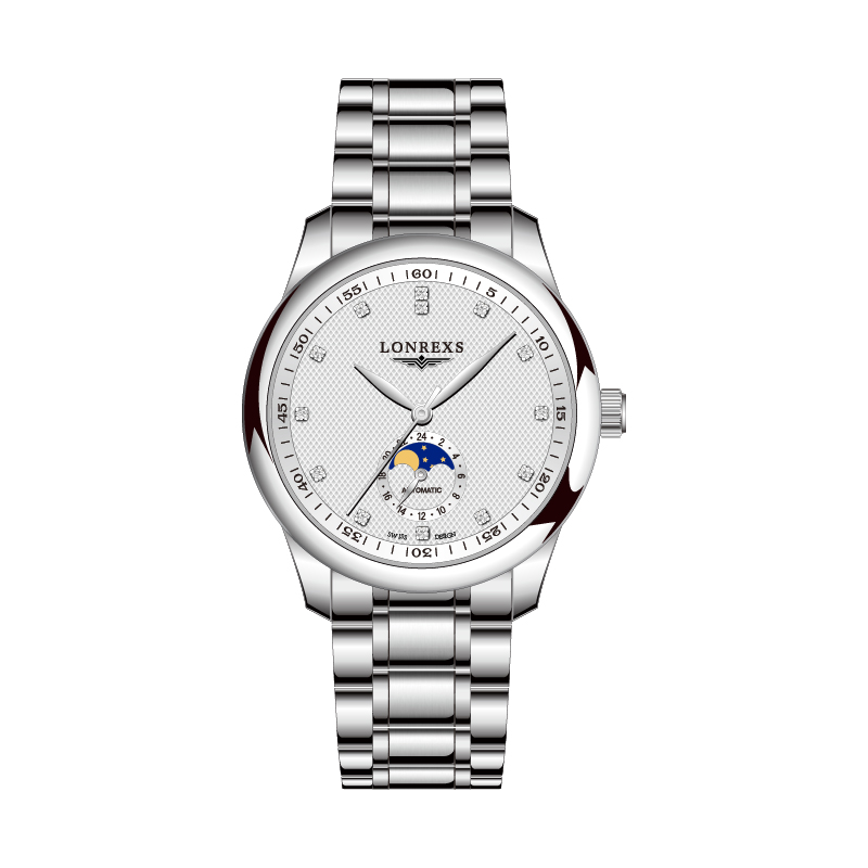 全新未使用LONREXS/满钻月相白/表径41mm男士经典全自动腕表9X