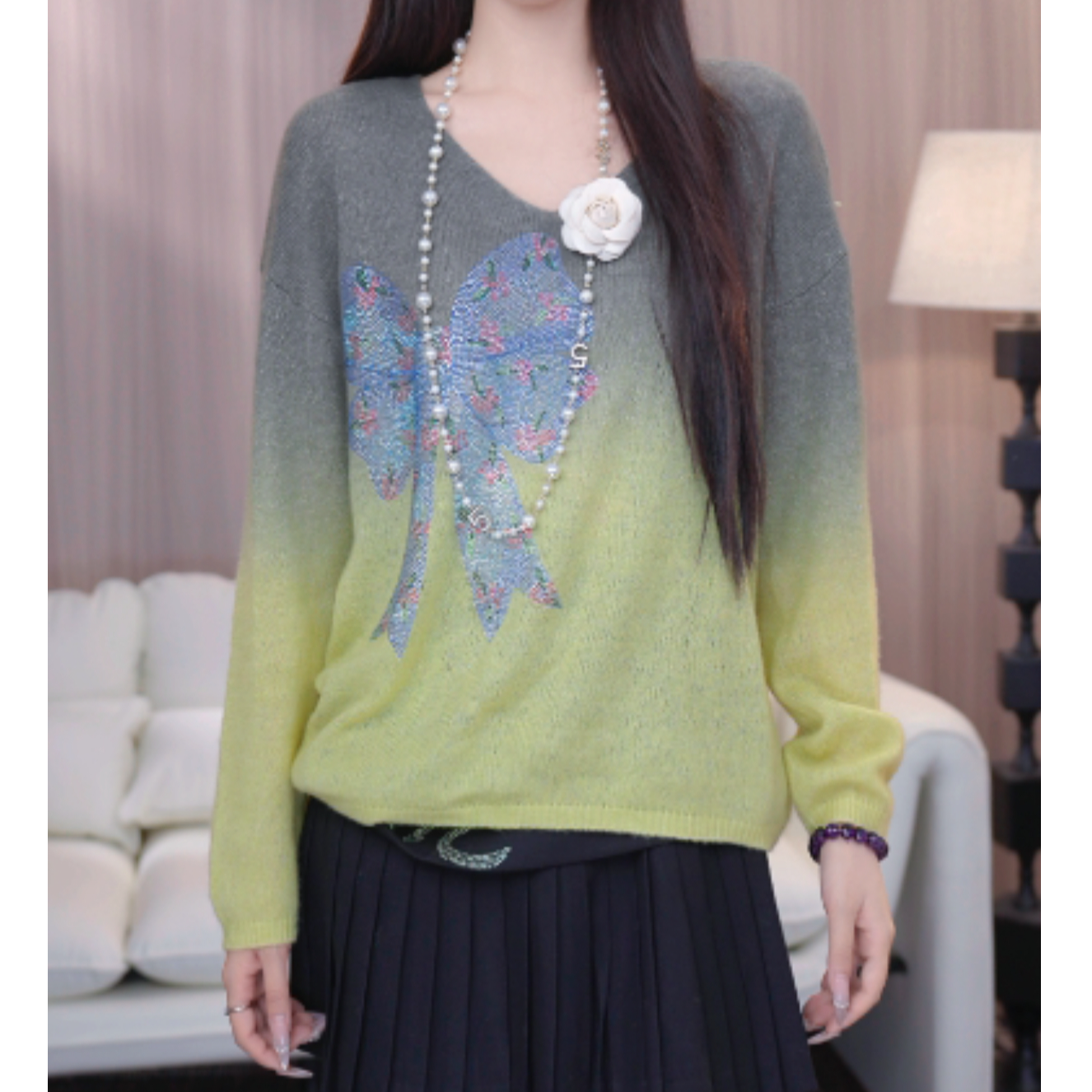 TCH私服秋冬时尚休闲风烫钻淑女绿色针织衫T75C09E5139轻奢tch