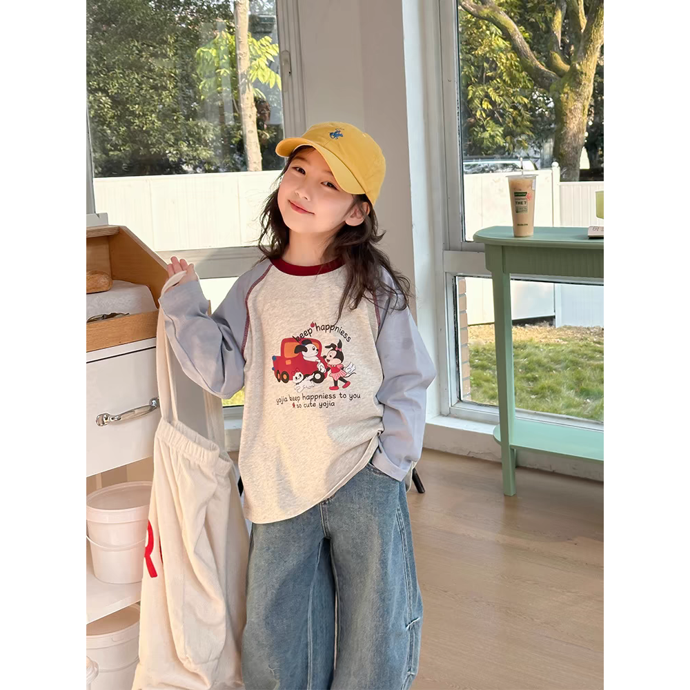 【现货】2025春韩版撞色卡通拼接圆领T恤打底衫 D198 198 R 