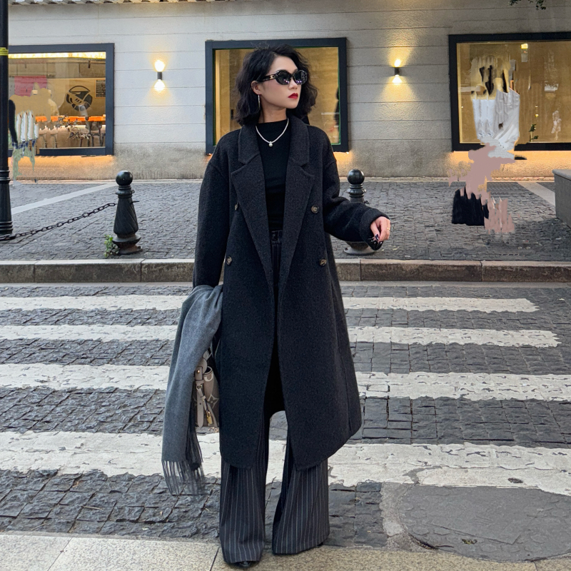 K N J小个子定制重磅绵羊毛羊绒慵懒宽松翻领双面中长款大衣