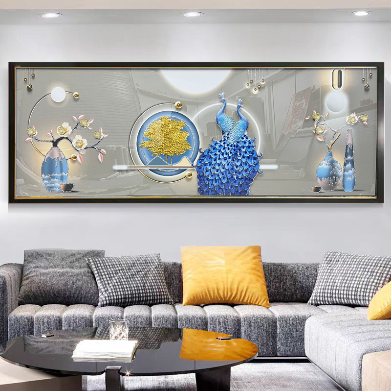Q132【孔雀呈祥】山水客厅轻奢沙发挂画钢化玻璃装裱鎏金画
