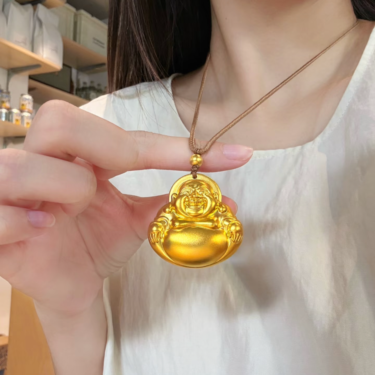 铜合金项链 新中式国潮实心笑脸弥勒佛项链福字如来吊坠佛毛衣链