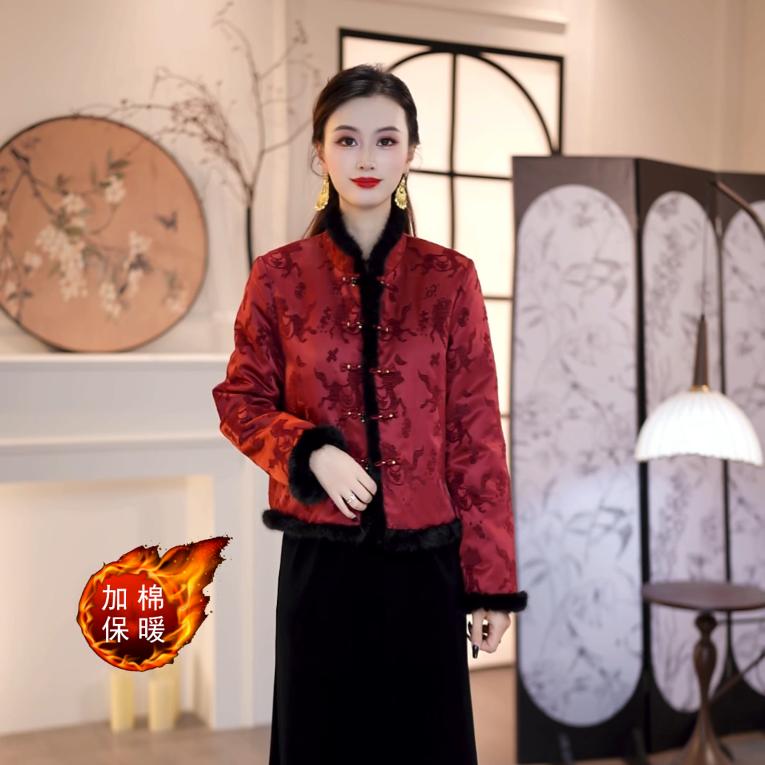 2025冬季新款酒红锦绣提花国风两面穿夹棉外套M-4XL