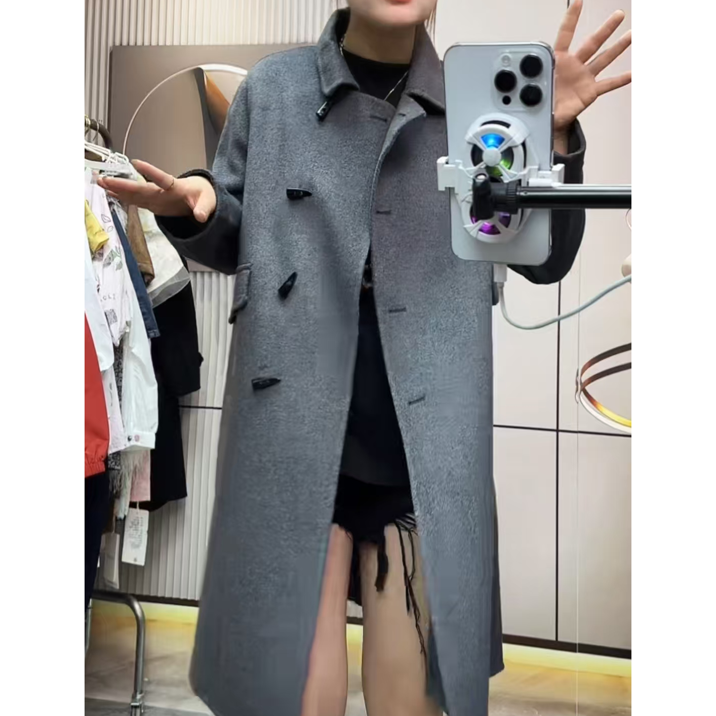 轻奢系牛角扣中长款赫本风双面外套