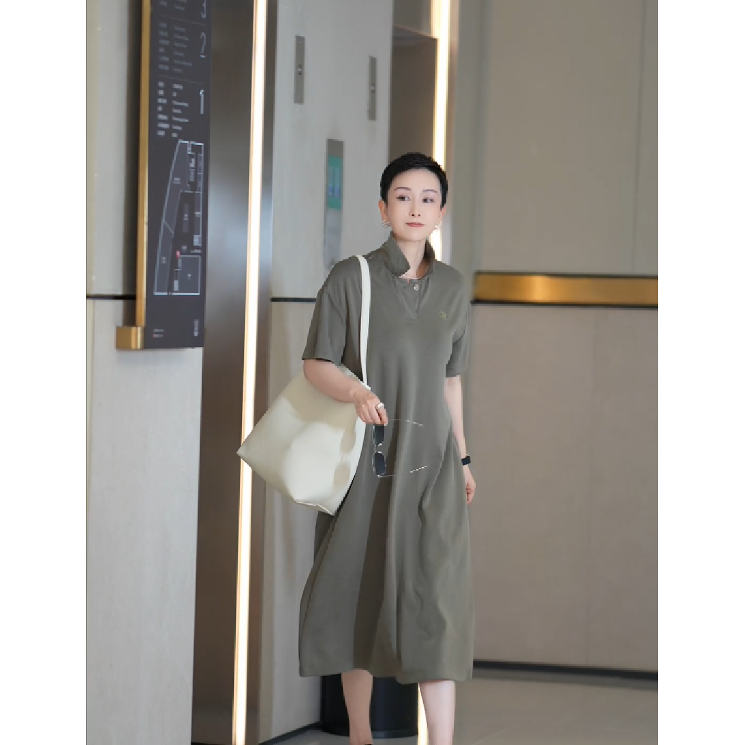 溏朵记2025夏季新款polo领中长款短袖修身显瘦气质连衣裙女83260