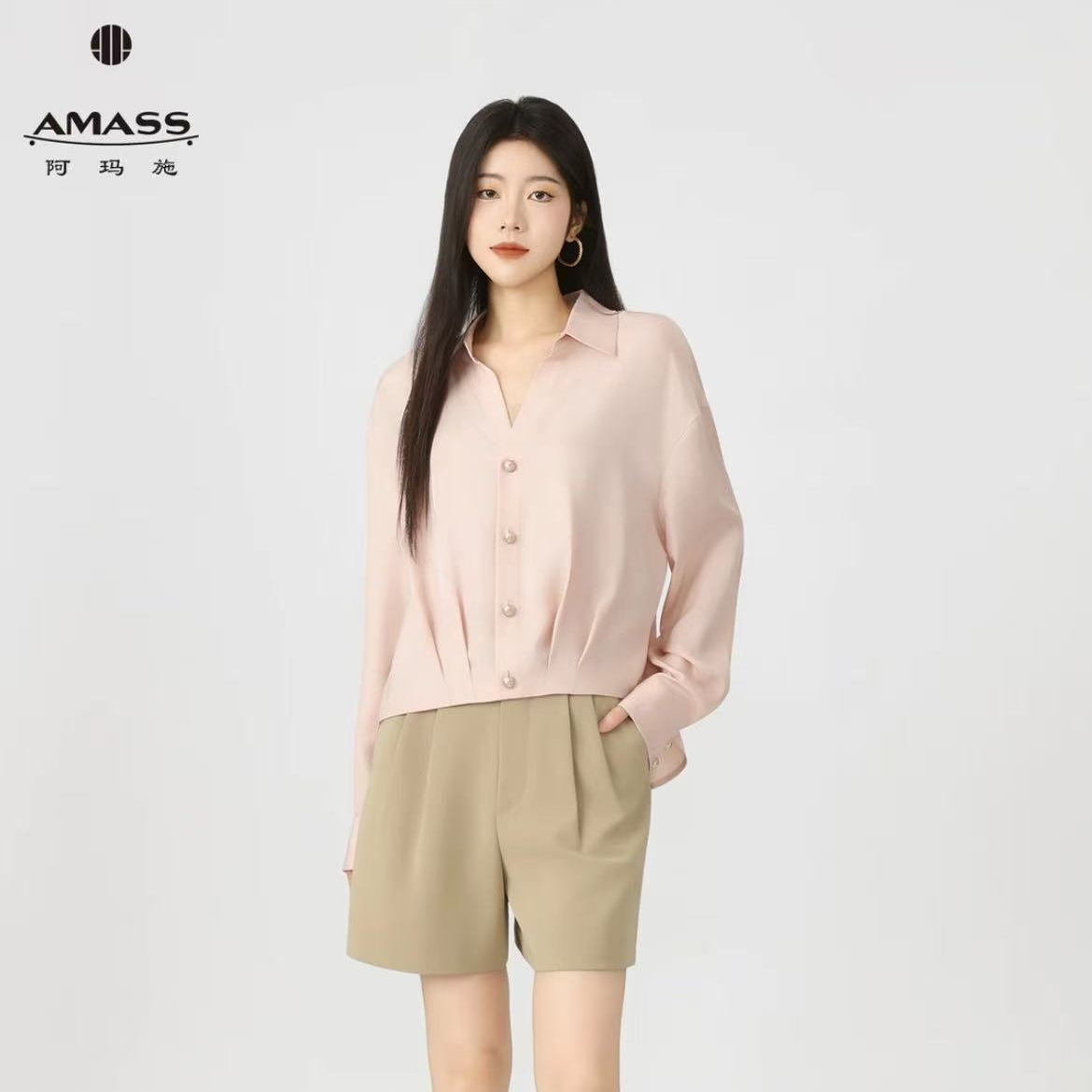 AMASS/阿玛施新款长袖气质复古婉约大方时尚显瘦V领衬衫女530038