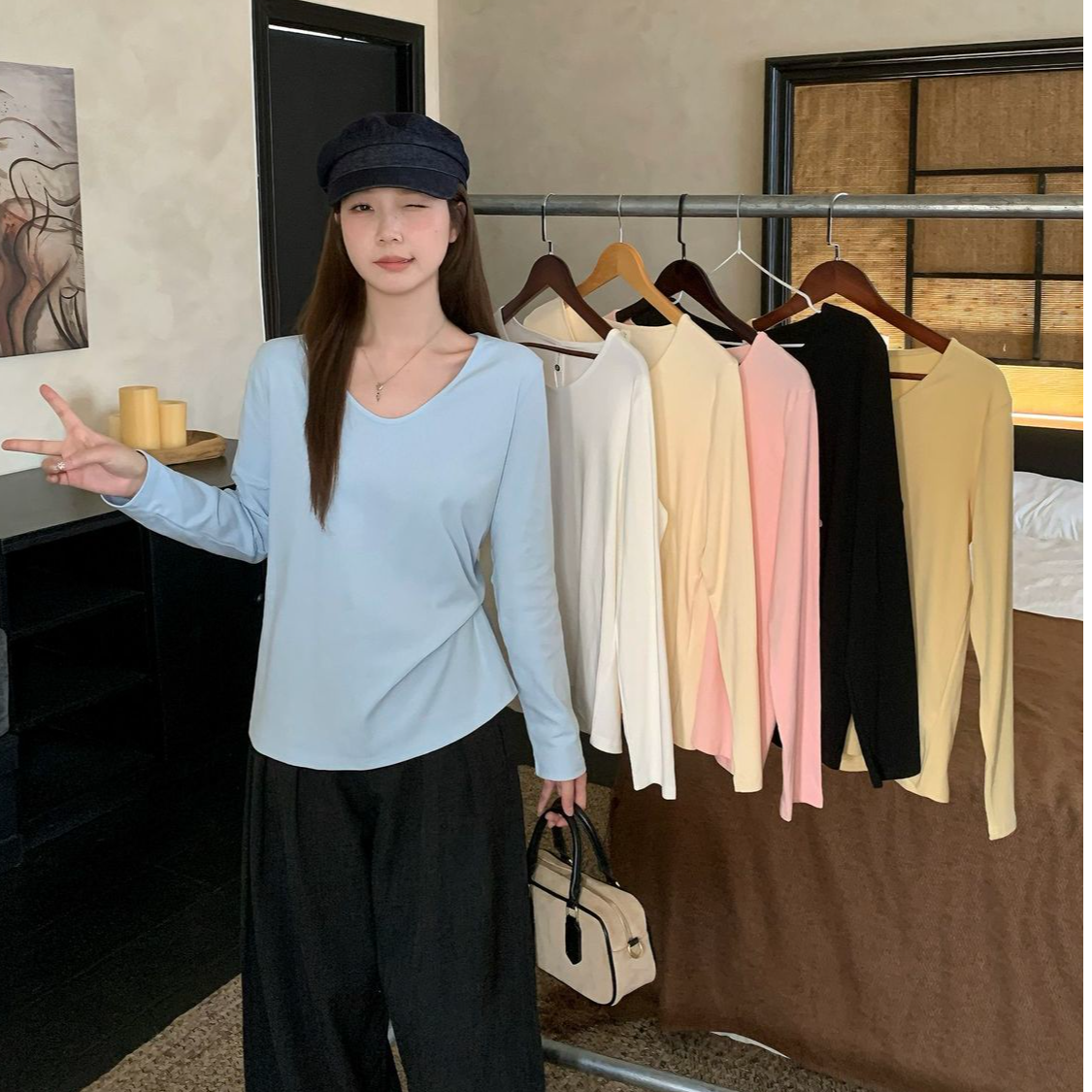 宽松休闲T恤2025新款春秋季U领长袖上衣外穿遮肉简约百搭