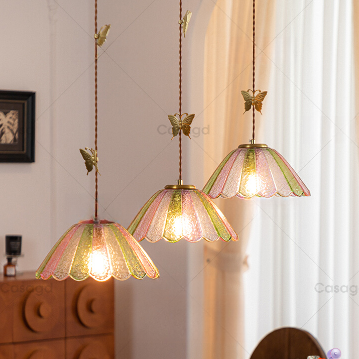 中古蝶梦餐厅吊灯彩色冰裂纹梦幻餐桌吊线灯复古吧台蝴蝶灯