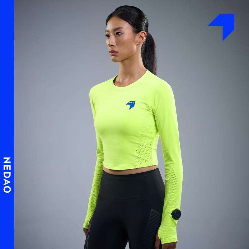 内道紧身圆领短款风洞长袖女士修身透气马拉松跑步训练跑步运动服