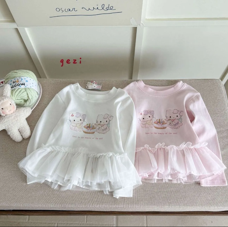 秋季新款时尚纱网卡通印花百搭女童长袖上衣女宝宝韩范中小童打底