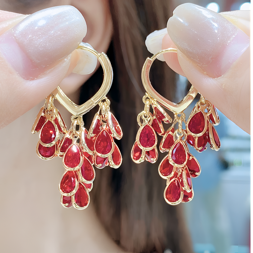 铜合金合成锆石耳饰 2025年新款水晶小流苏新年耳环红色喜庆耳饰