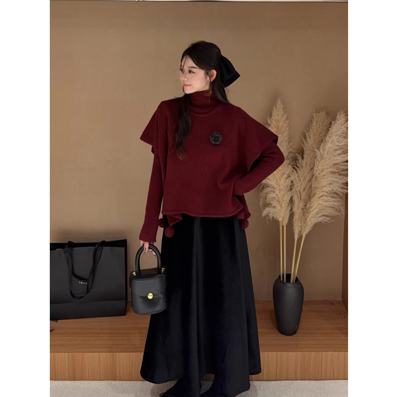 韩版简约风高领打底针织衫高级感宽松毛衣花朵两件套上衣G9-85