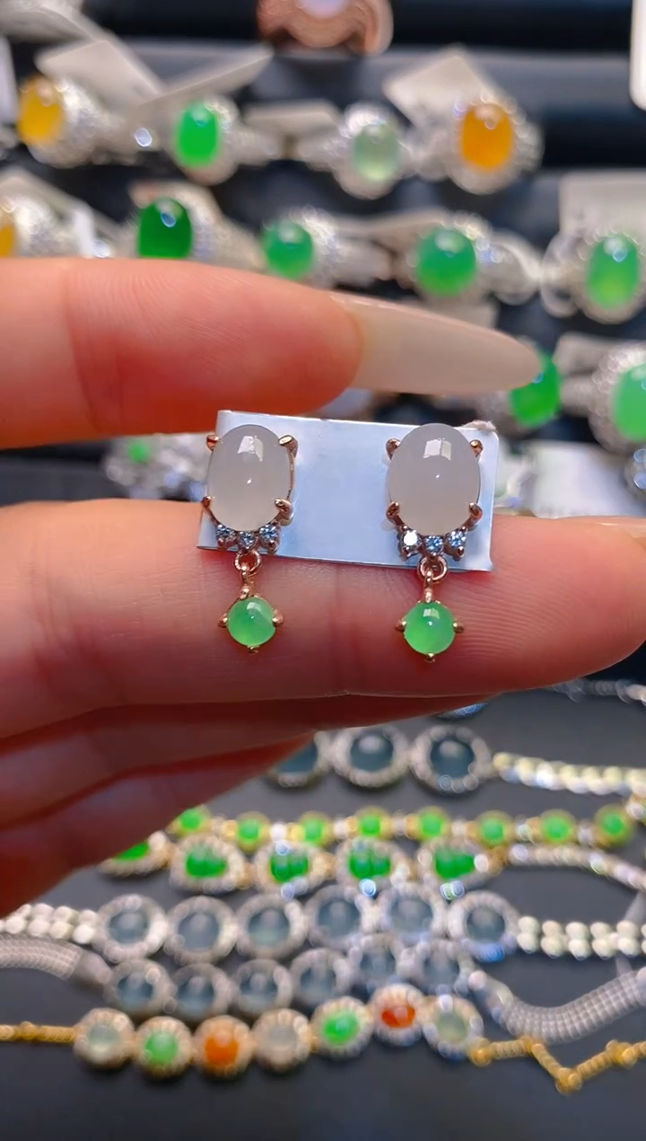 翡翠银S925镶嵌耳饰天然