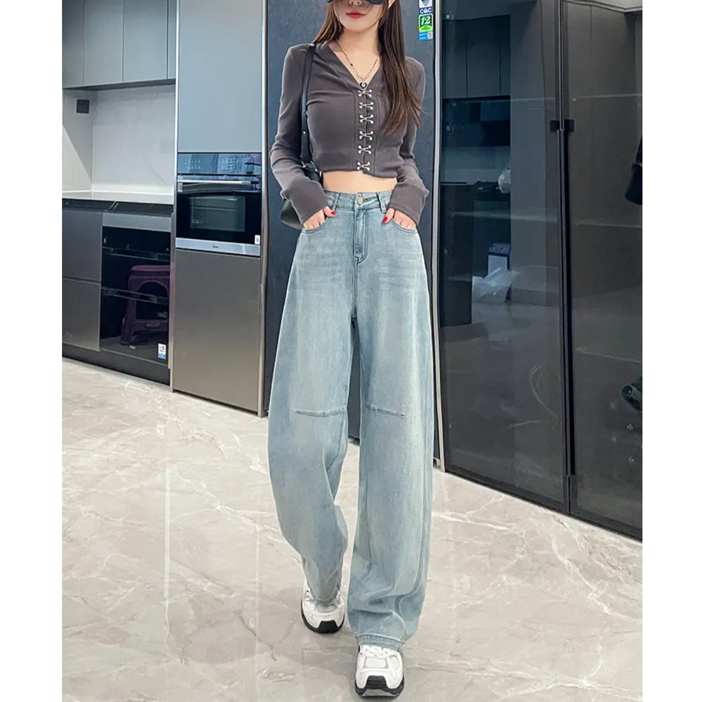 高腰弯刀牛仔裤女2025秋季大码女装胖mm垂感显瘦阔腿裤休闲拖地裤