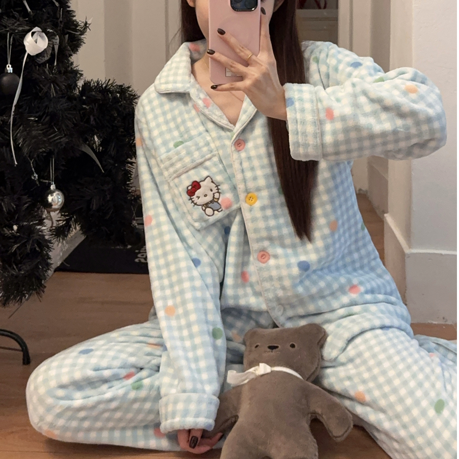 冬天保暖甜美少女睡衣加绒加厚格子开衫外穿珊瑚绒家居服厚款套装