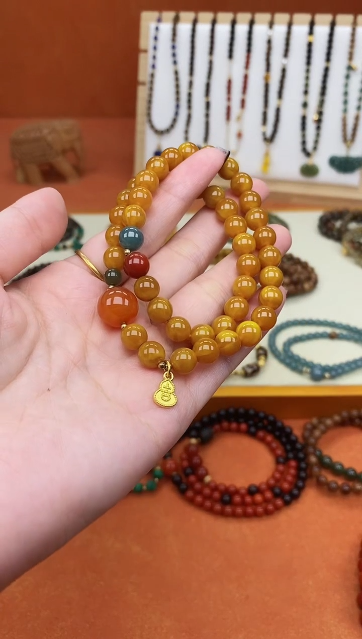 手链蜜蜡未镶嵌双圈蜜蜡和田南红蓝水手串