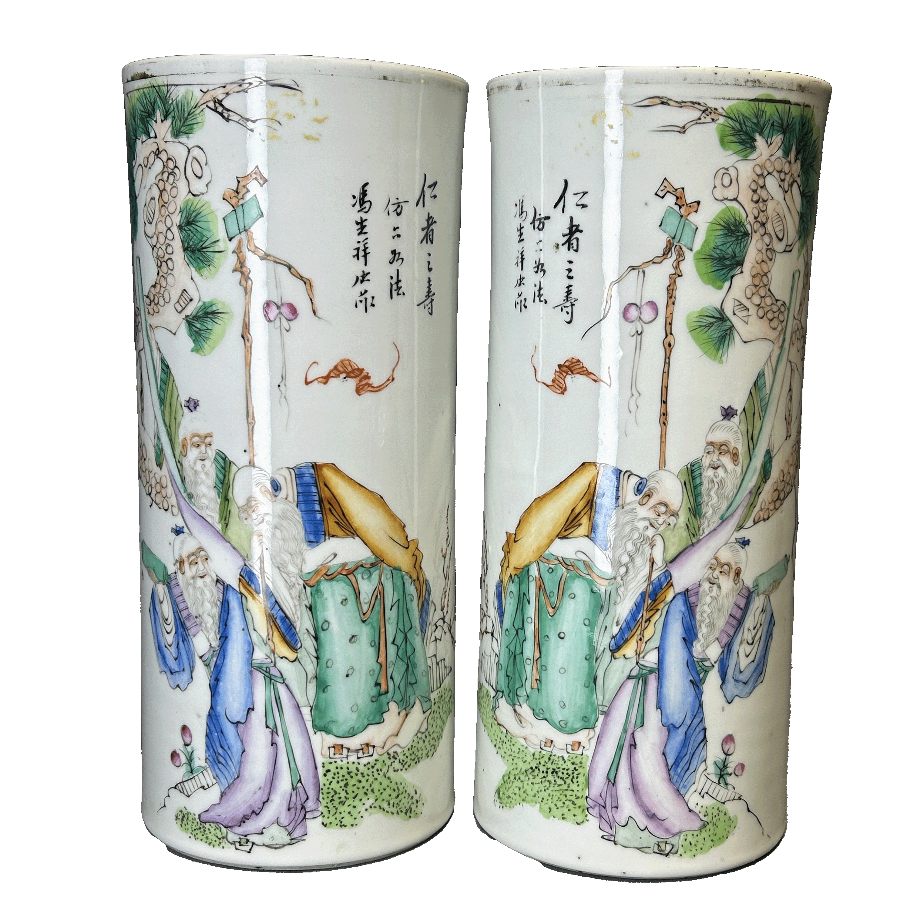 25010007x粉彩仁者寿人物故事帽筒 一对