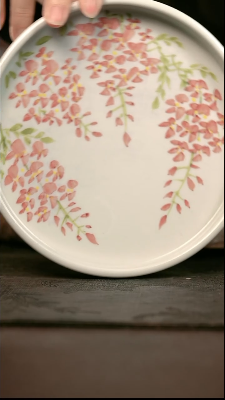 手绘 高温现代瓷  气窑  紫藤花直边壶承17.5CM