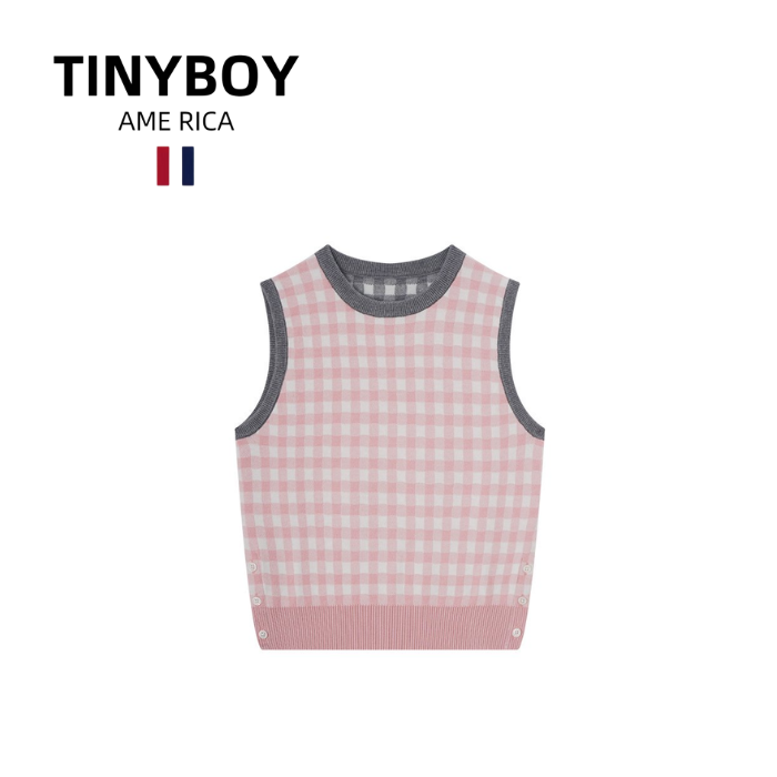 TINYBOY圆领条纹格子 前粉后灰 背心（可穿90-160斤）