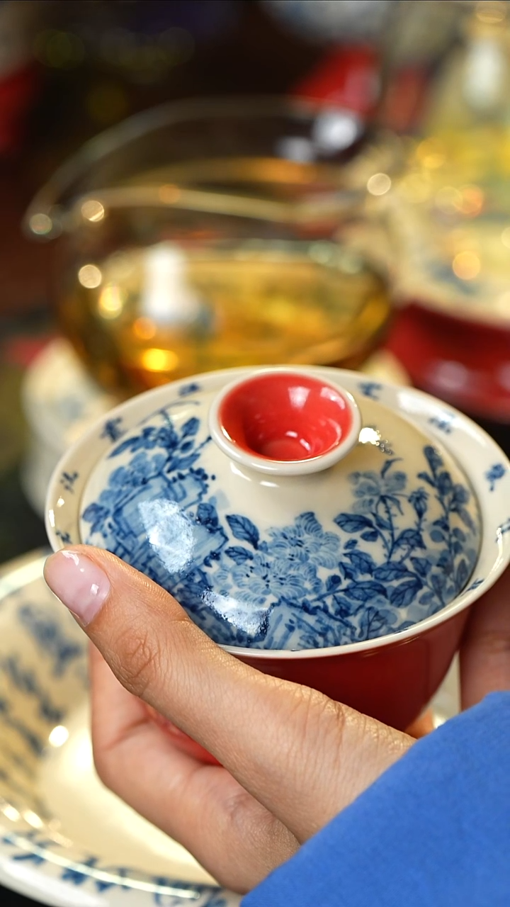 雨香斋景德镇高温纯手工手绘柿子红牡丹花盖碗