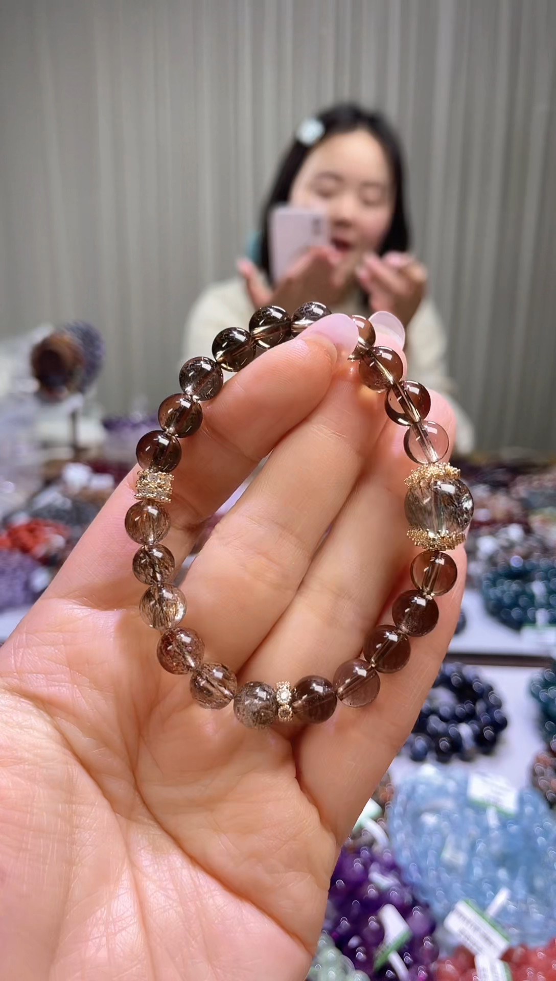 【闪购商品】水晶手串未镶嵌【稳财】茶晶 黑金超 设计款手串