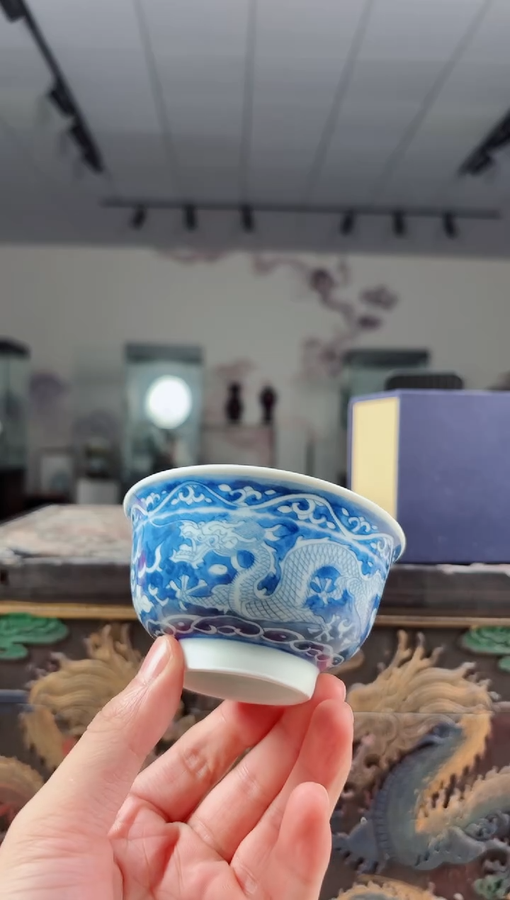 碗陶瓷绿稀3.5英寸青花汾水双龙茶碗+礼盒