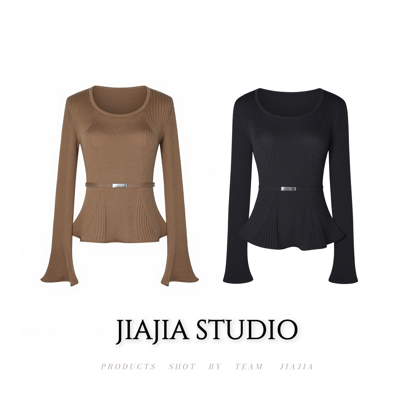 嘉嘉严选「许我耀眼」高弹德国南毛扬子纱立体花朵喇叭袖收腰打底衫