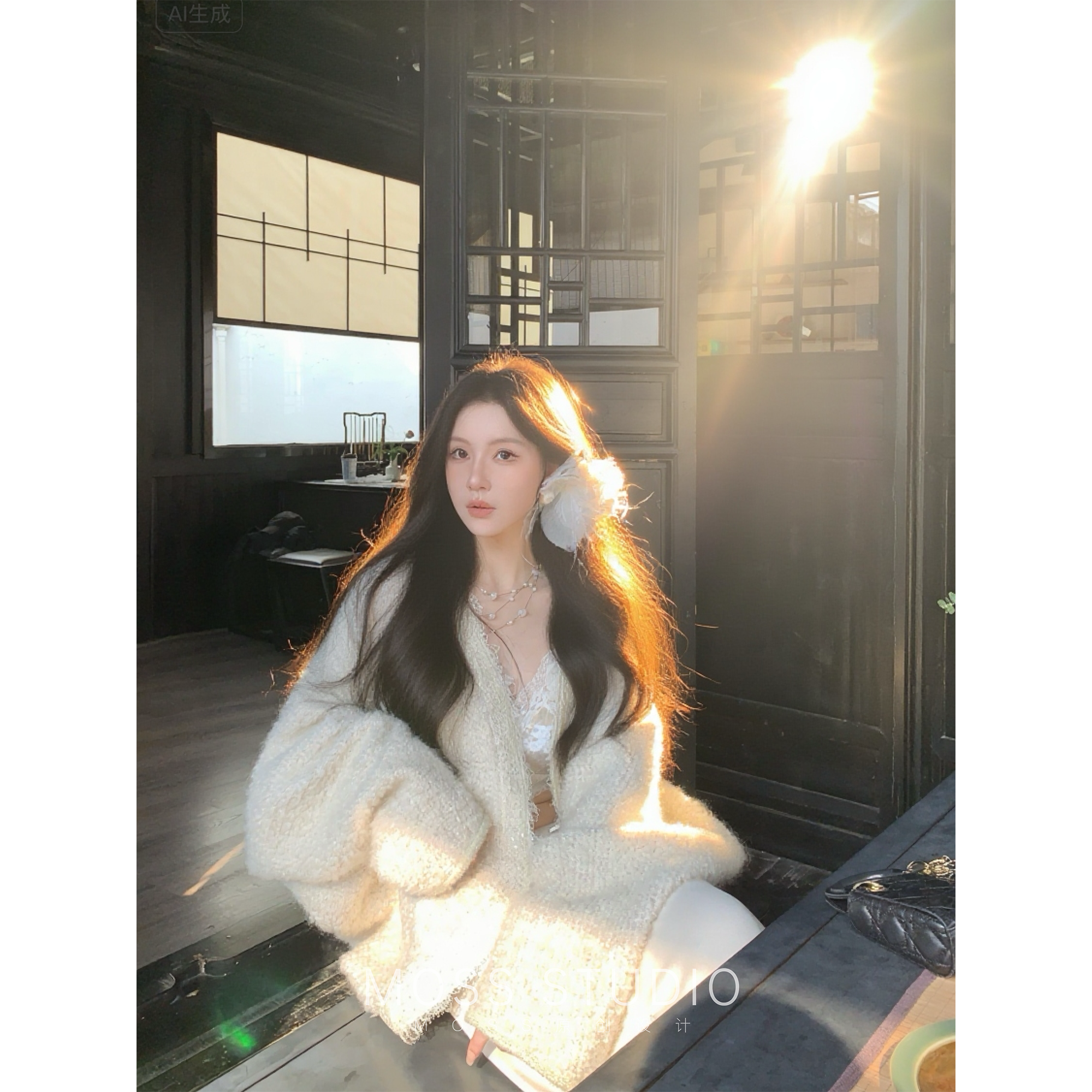 MOSS STUDIO【香颂假日】秋季慵懒风宽松拼接蕾丝花边外套女