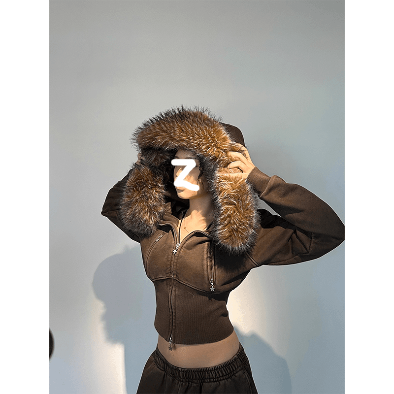 韩系未染休闲厚款运动套装女冬季时尚欧美超大毛领连帽卫衣阔腿裤