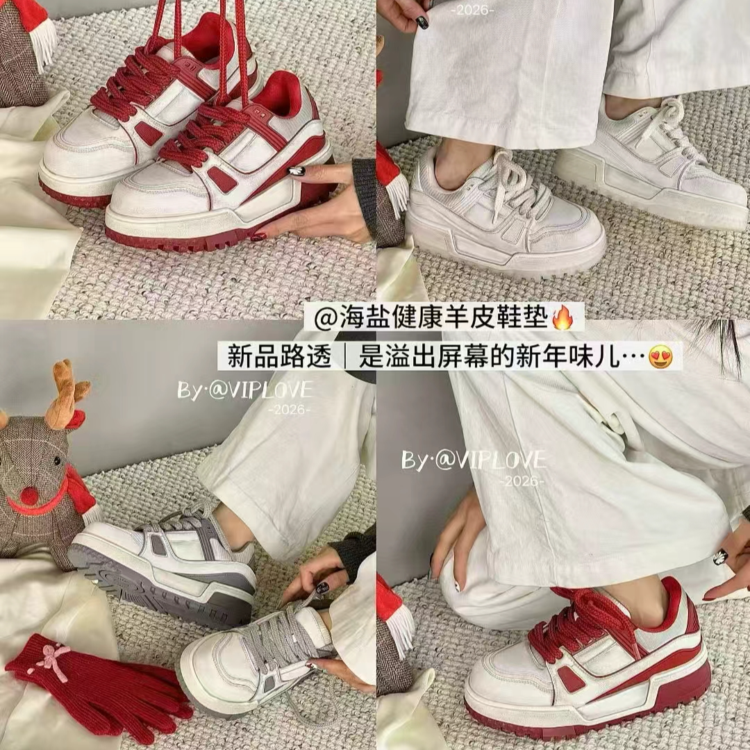 【多多】春款欧货牛皮拼色做旧擦色时尚厚底系带小胖丁面包休闲鞋