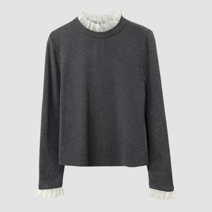 【济州岛】木耳花边拼接领修身设计打底衫