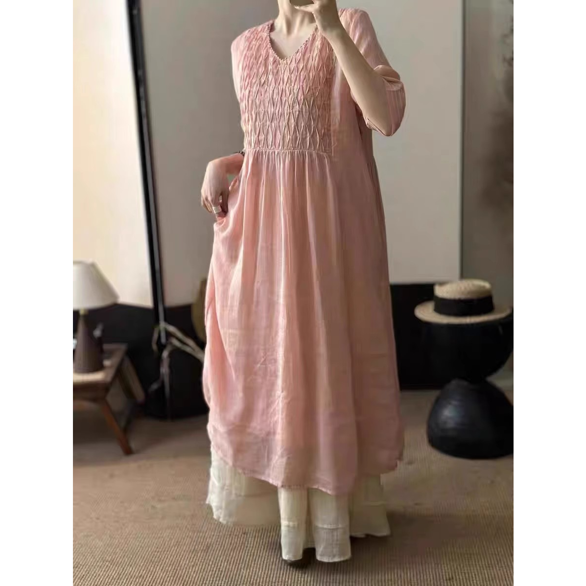 19545小莲~风琴网格双层苎麻连衣裙宽松V领花边领仙气飘飘连衣裙