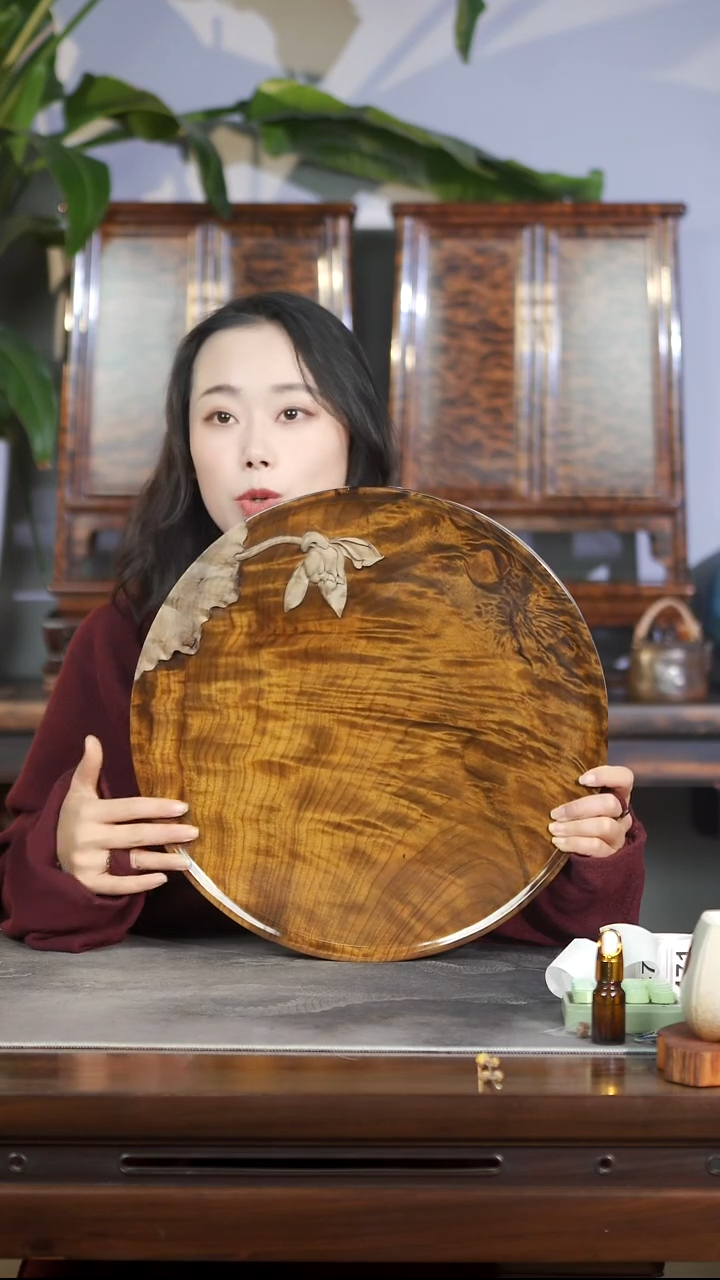 金丝楠满花精工荷花茶盘460