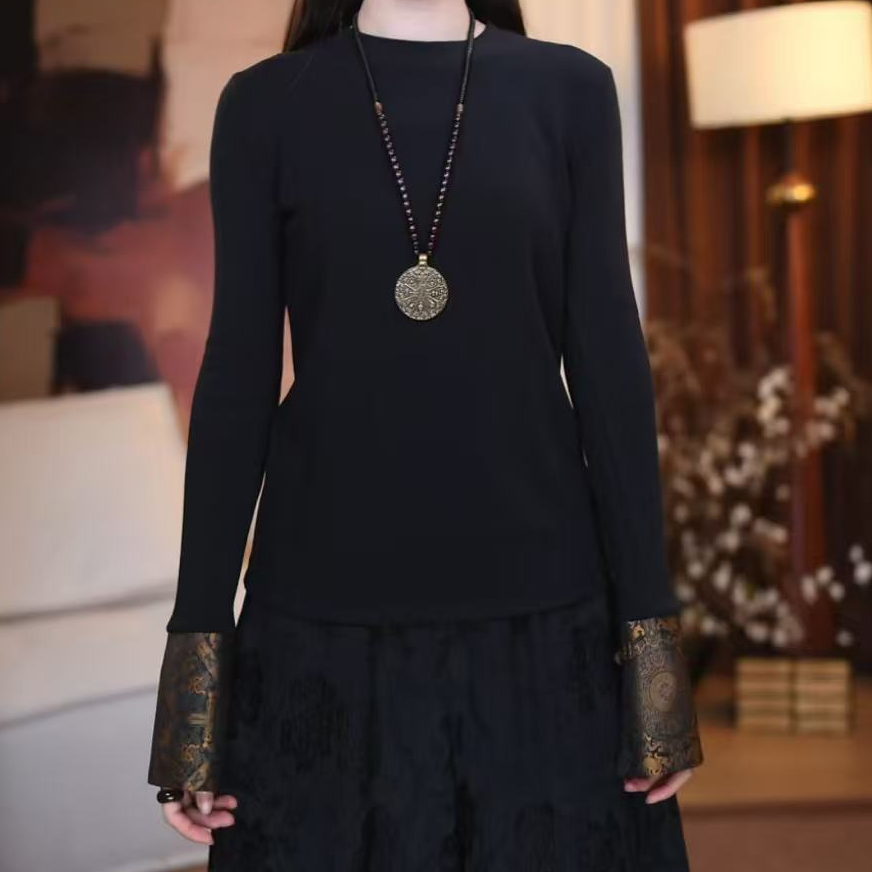 B【眷钰】新中式复古显瘦秋冬经典百搭腔调长款休闲打底上衣