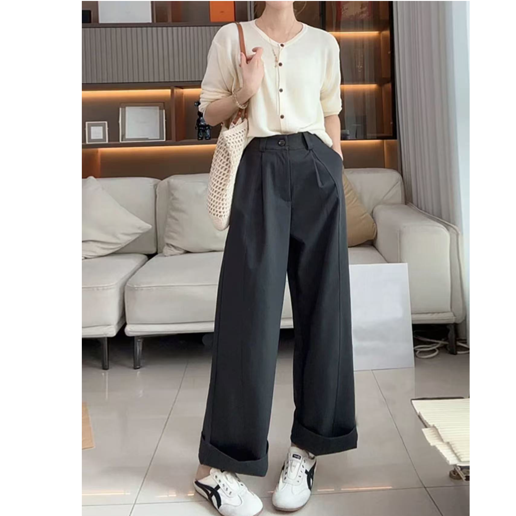 2025早秋季新款立体剪裁高腰休闲女士时尚直筒阔腿裤子女