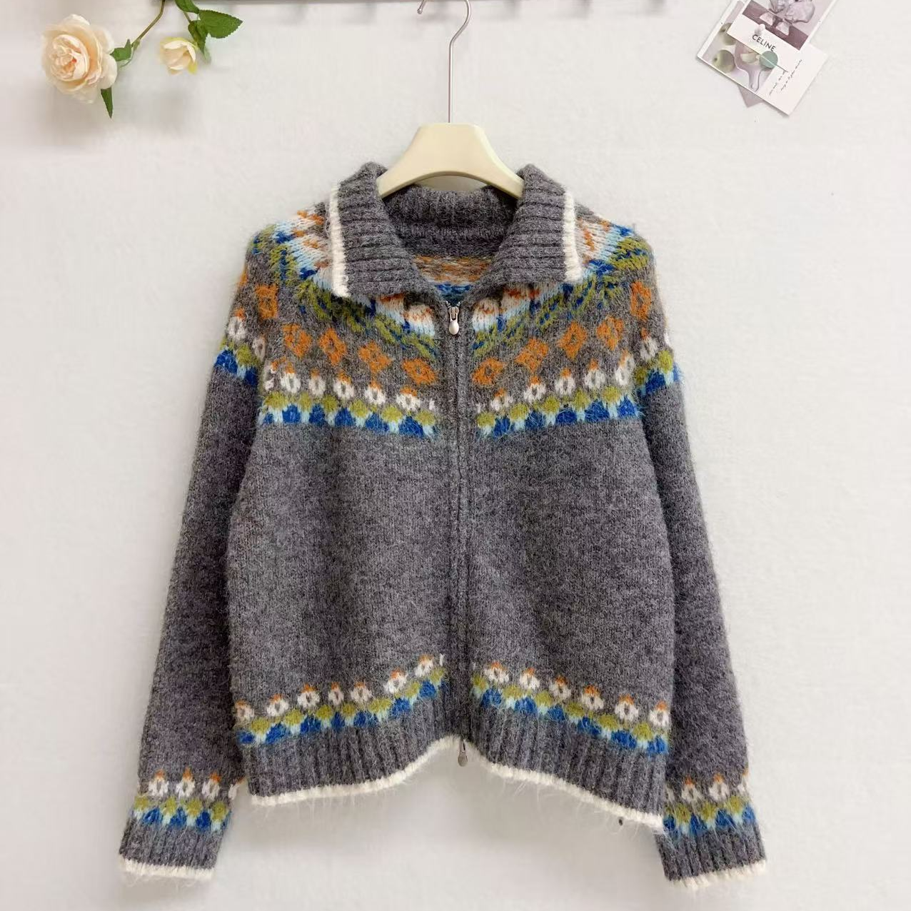 【渐变条纹】女毛针织衫秋冬女士复古提花开衫加厚连帽毛衣休闲