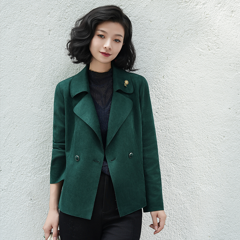 西子/【都市风行】时尚气质麂皮绒感翻领收腰绿色外套/WTXS137