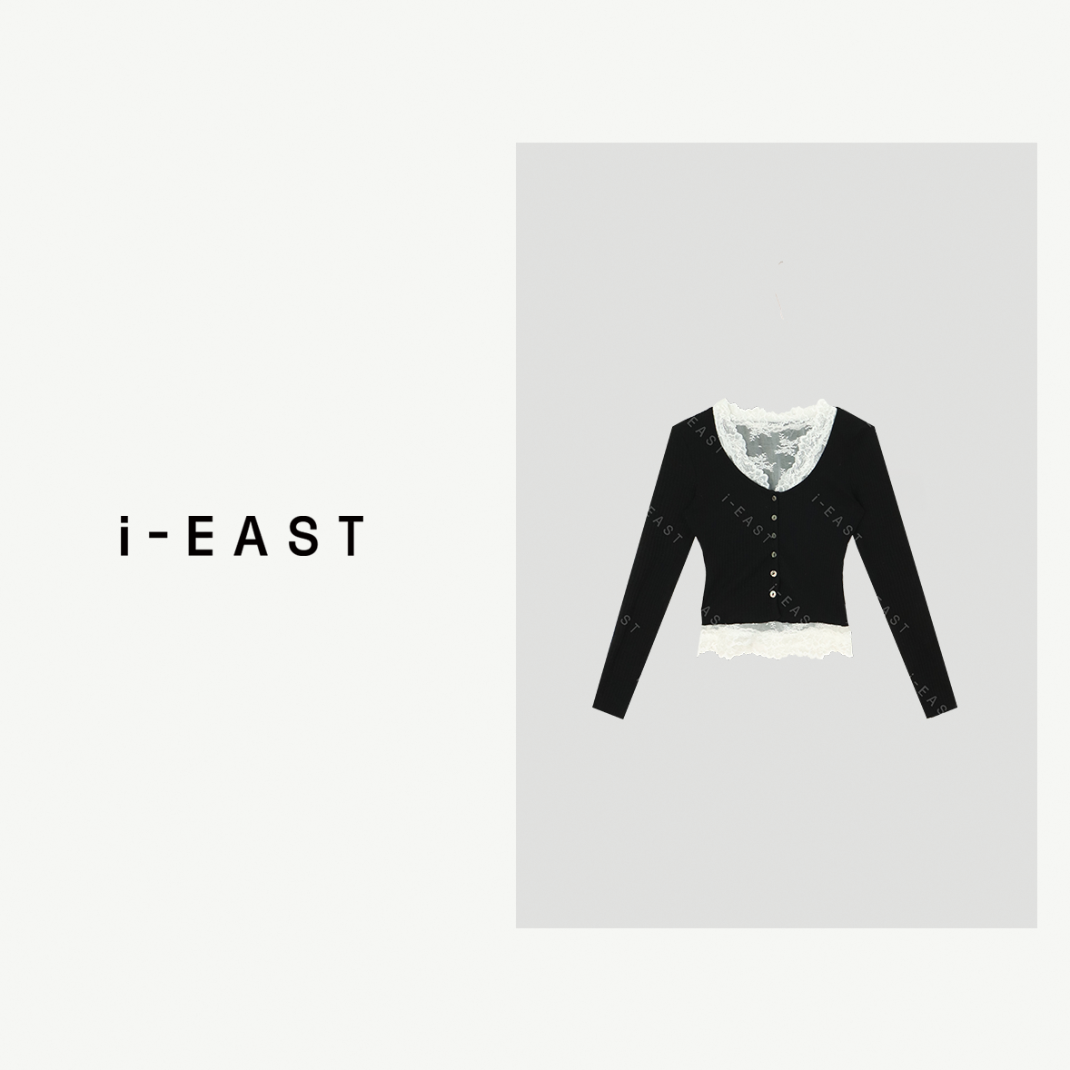 i-EAST 梦回韩女~竖条纹拼接蕾丝毛织衫上衣-5C SY8233