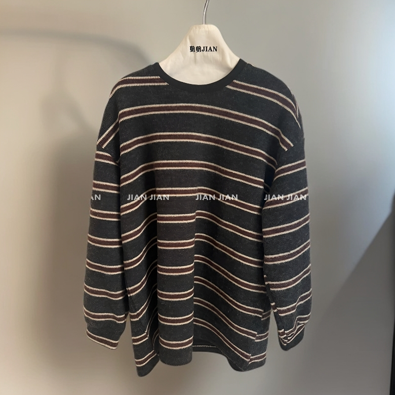 剪剪家【盐系少女】冬季圆领宽松条纹撞色长袖磨毛T恤女T9328