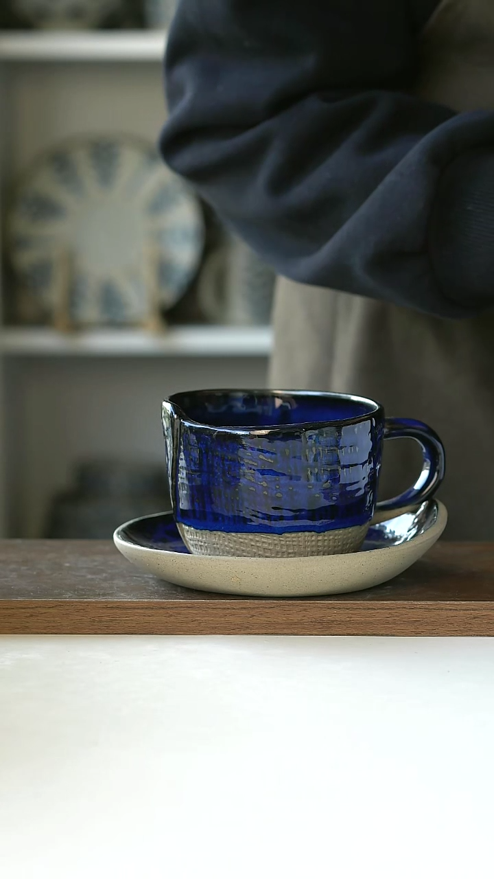 【闪购商品】陶瓷微瑕海洋蓝300ml咖啡杯碟@4-2@