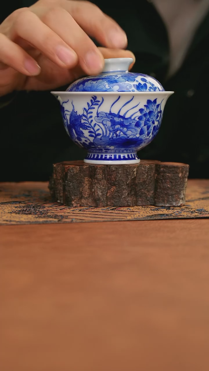 摆件陶福利荷花盖碗缩釉