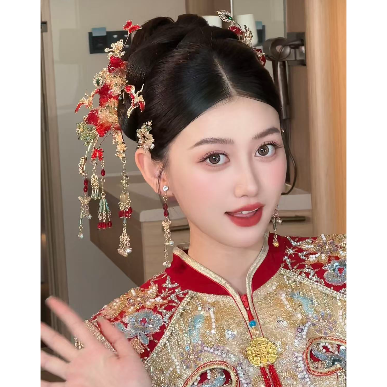 202新款重工精美红绿中式新娘结婚饰品369