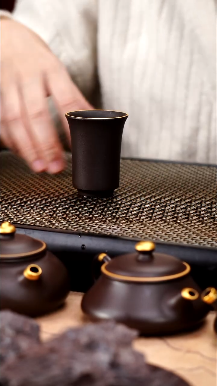 茶壶紫砂四号井茄皮紫泥描金闻香杯