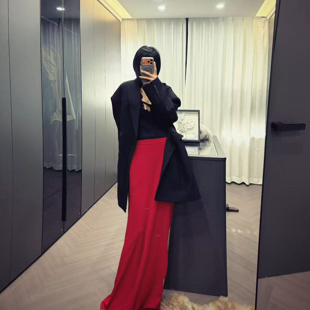 【欢喜SS】冬季新年红”大气场气质女主“高腰垂感拖地纯色时尚半身裙