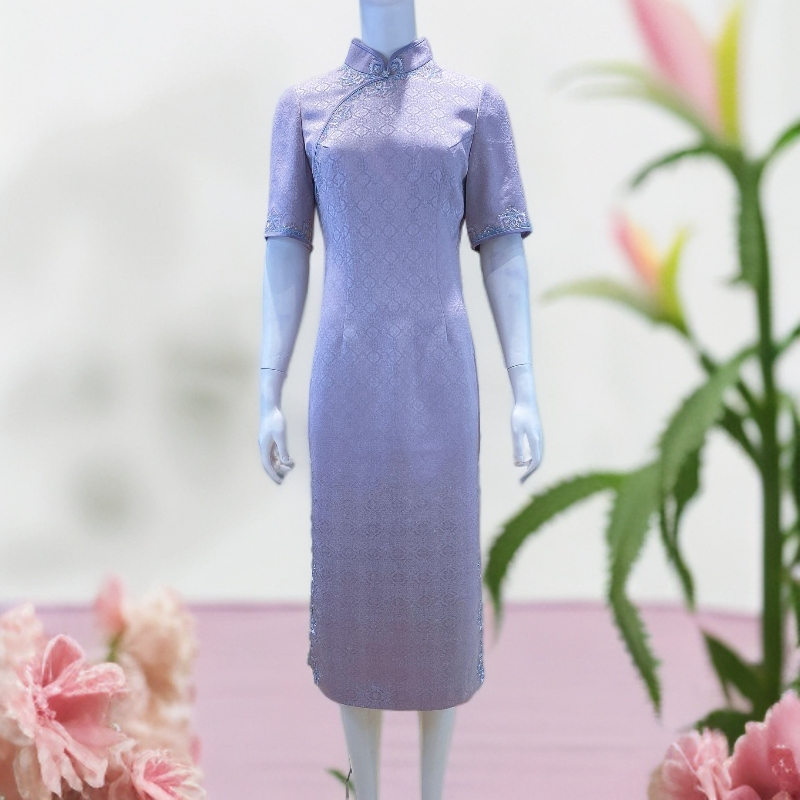 朱紫瑜170518喜婆婆喜妈妈浅紫色提花旗袍典礼敬酒优雅修身中长款