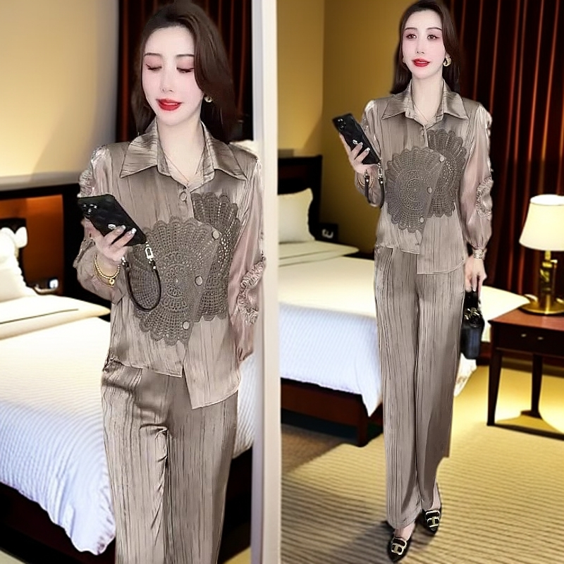 时尚休闲套装女2025春秋新款洋气减龄九分袖衬衫阔腿裤气质两件套