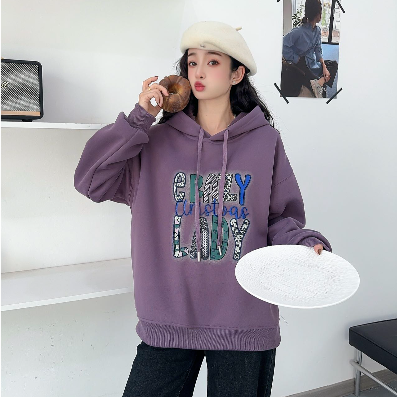 韩版刺绣字母加绒连帽卫衣