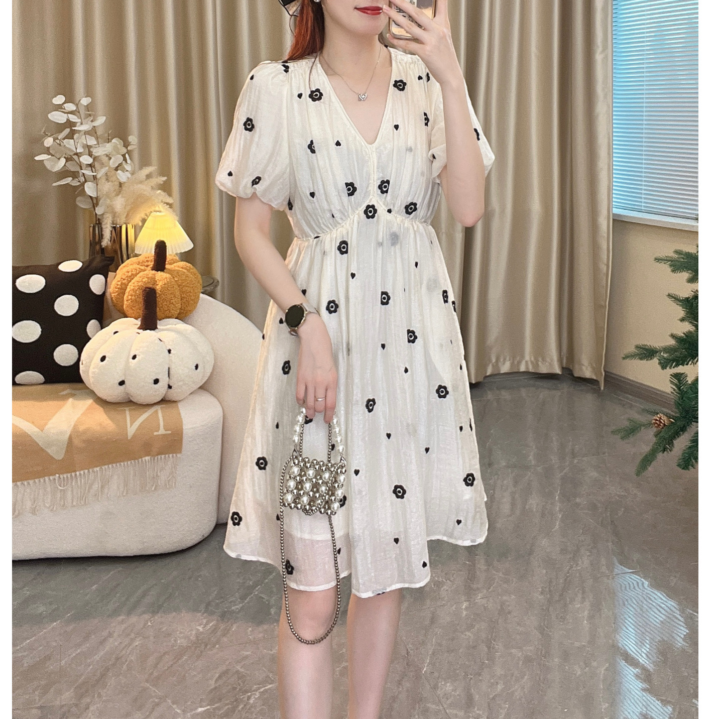 【X056A】法式茶歇连衣裙V领碎花甜美小个子法式中长期裙X056